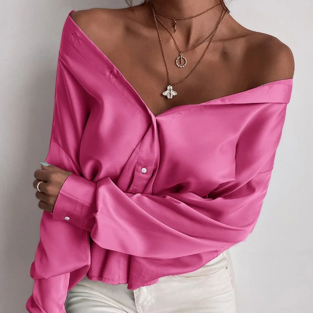 Hot Pink Preppy Womens Button Up Solid Shirt - Picture 2 of 5